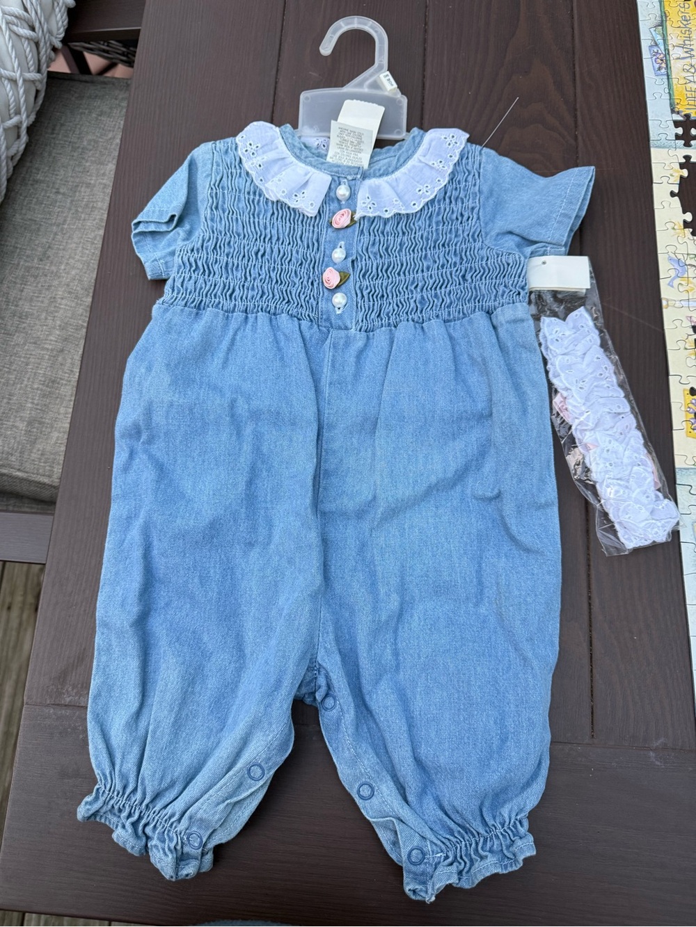 Vintage Blue Smocked Baby One-Piece Eyelet Collar hills department